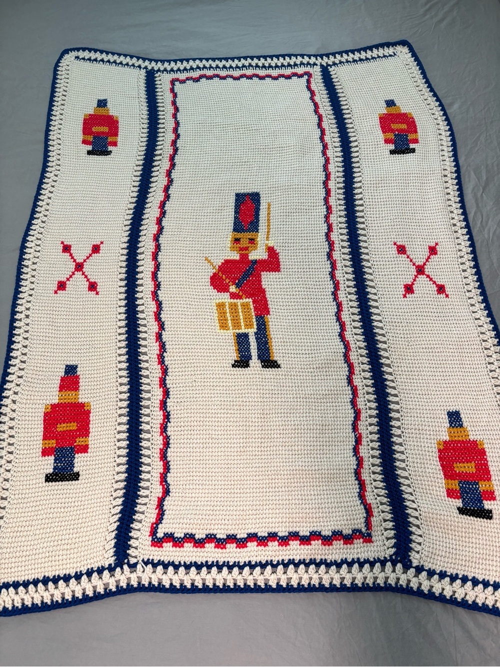 Vintage Handmade Crochet Blanket Nutcracker Christmas Toy Soldier Drummer 50x38”